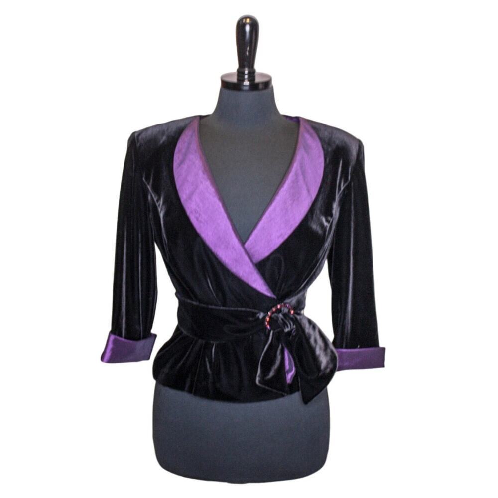 Alex Evenings Velvet Top Wrap V Neck Belted Rhinestone Witchy Evening